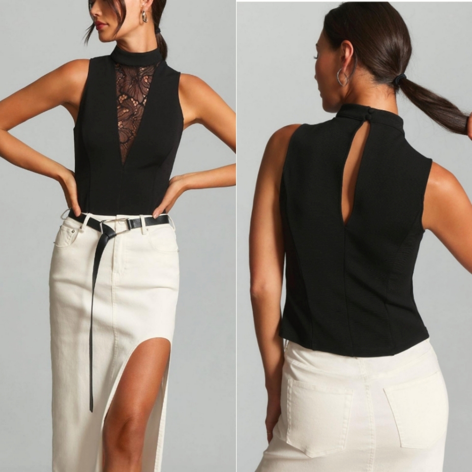 Anthropologie Black Sleeveless Mock Neck Lace Inset Stretch Keyhole Back Top Nwt